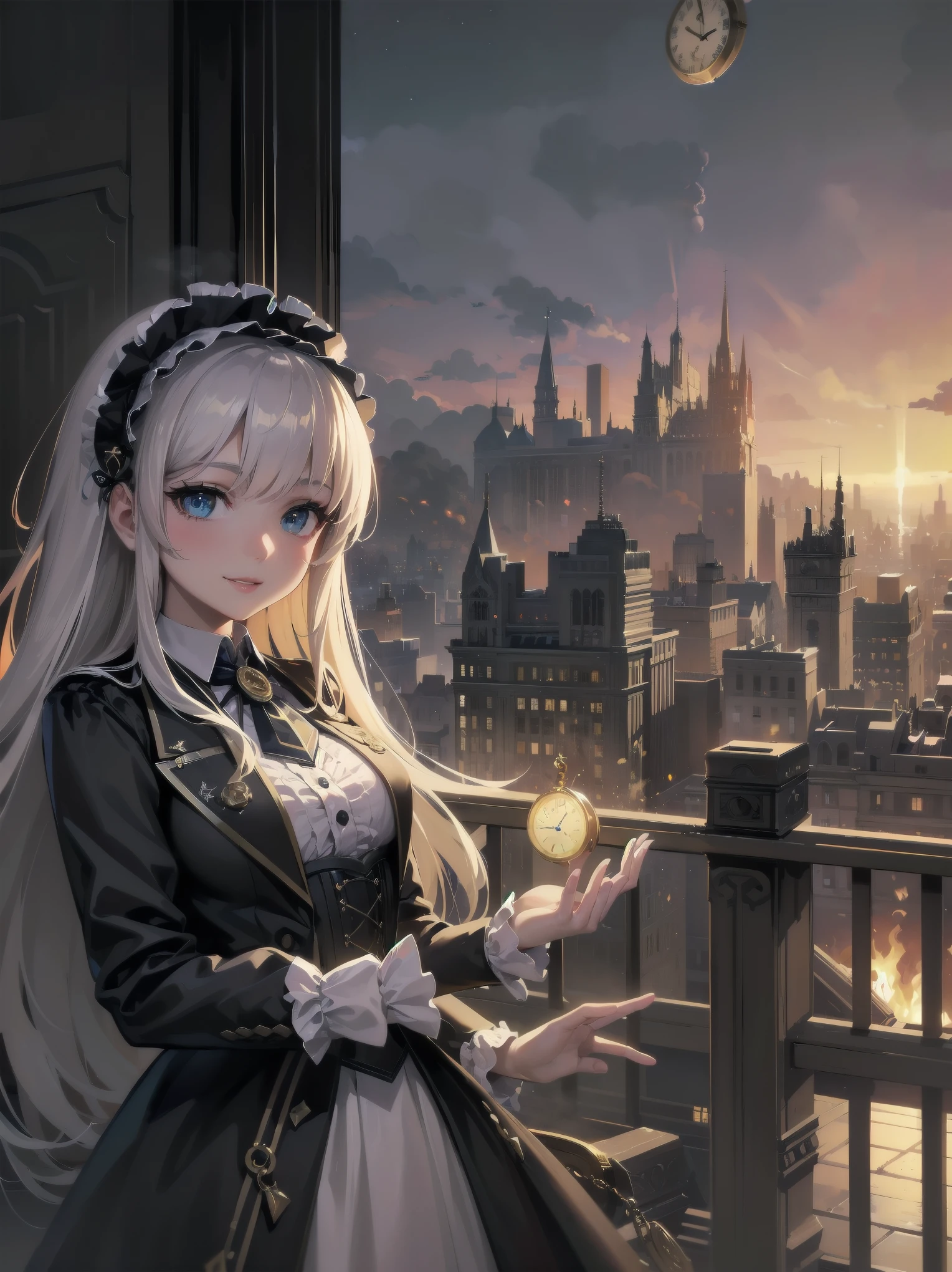 (Highest quality、16K、masterpiece、Ultra-high resolution、Victorian era、Photorealistic:1.2)、A delicate Lolita girl, aged 13, stands on a castle balcony at dusk, surrounded by the city's skyline and steampunk contraptions. Her platinum hair is messy, framing her androgynous charm. She wears a flowing white dress with a light green tie and holds a pocket watch in hand. A subtle smile plays on her lips as she gazes out at the night view, her eyes shining like sapphires. The air is filled with steam spewing from pipes, adding to the surreal atmosphere. Her skin glows with an ultra-dense texture, and her fingers are full and detailed.