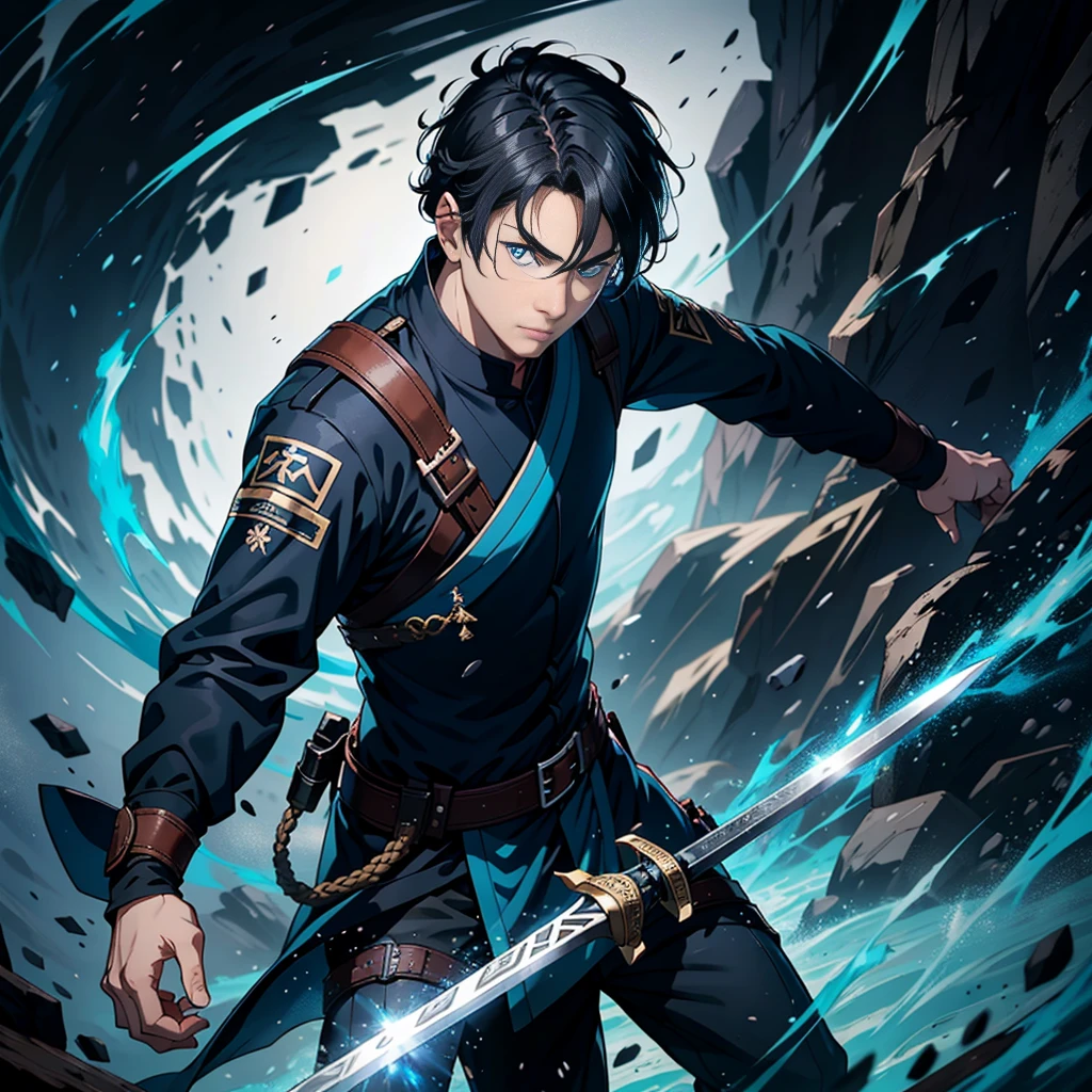 A man in his 20s, on the battlefield, blue eyes, short black hair, qiyuxuanang, 8k, high quality, high resolution, Sword