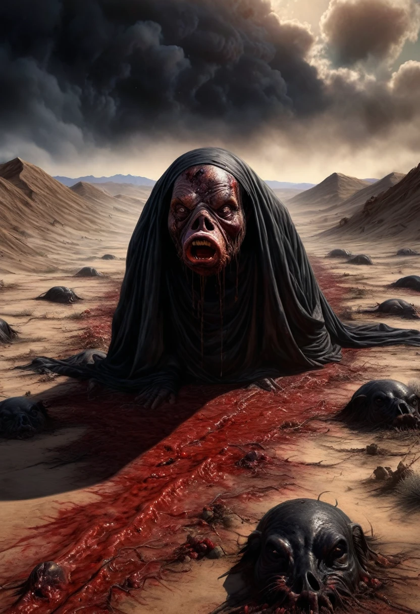 A realistic depiction of the apocalypse: a person resurrected from the grave with a face like a black pig. Their body is extremely thin and covered in wounds. Background of a vast desert. Art style: highly detailed photorealism.