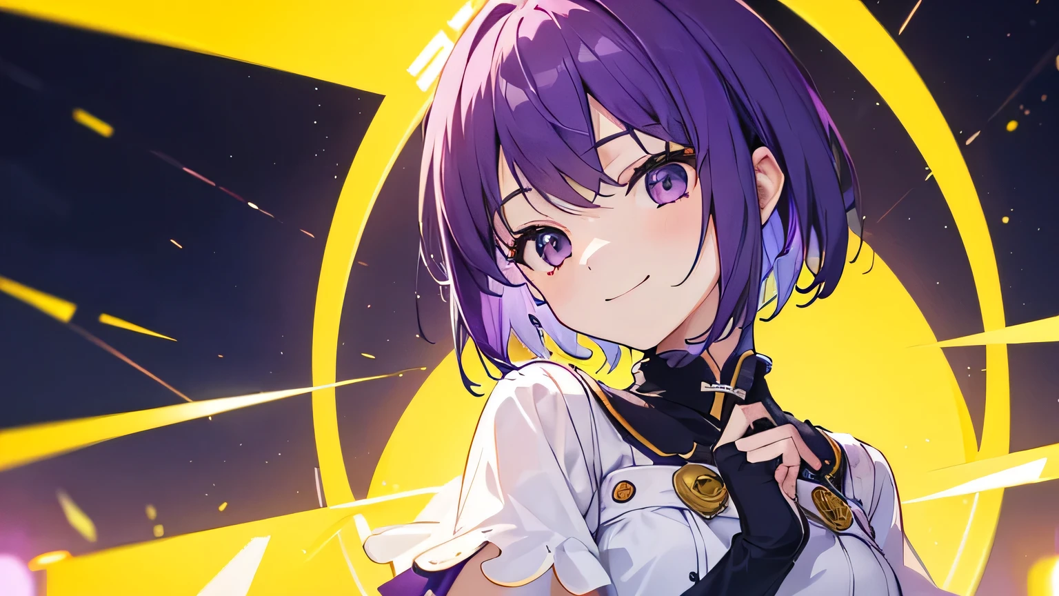 (T Masterpiece,4k wallpaper,Best Quality))、((girl1people))、(solo)、Bright and Brilliant,(Purple Hair)、(short hair:1.3)、smile、Idol、stage