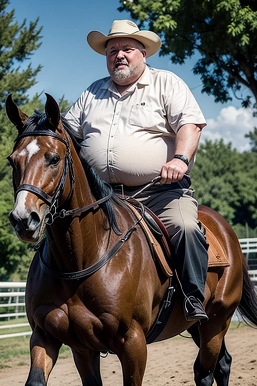 old and fat man riding a horse