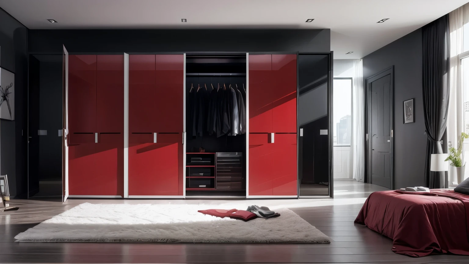 4-door wardrobe style wardrobe for bedroom Stylish and modern interior with black red furniture --v 5 hyper realistic architecture design