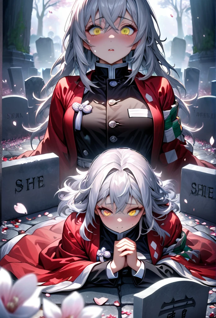 Ultra detailed, high resolution, absurd, HDR, masterpiece, anime girl, beautiful woman, long white hair with red streaks, expressive yellow eyes, red haori, black demon slayer uniform, Kimetsu No Yaiba, petals, white flowers, beautiful, woman in front of tombstones, the girl is in front of two tombstones, she is quiet, best quality, extremely detailed face and eyes