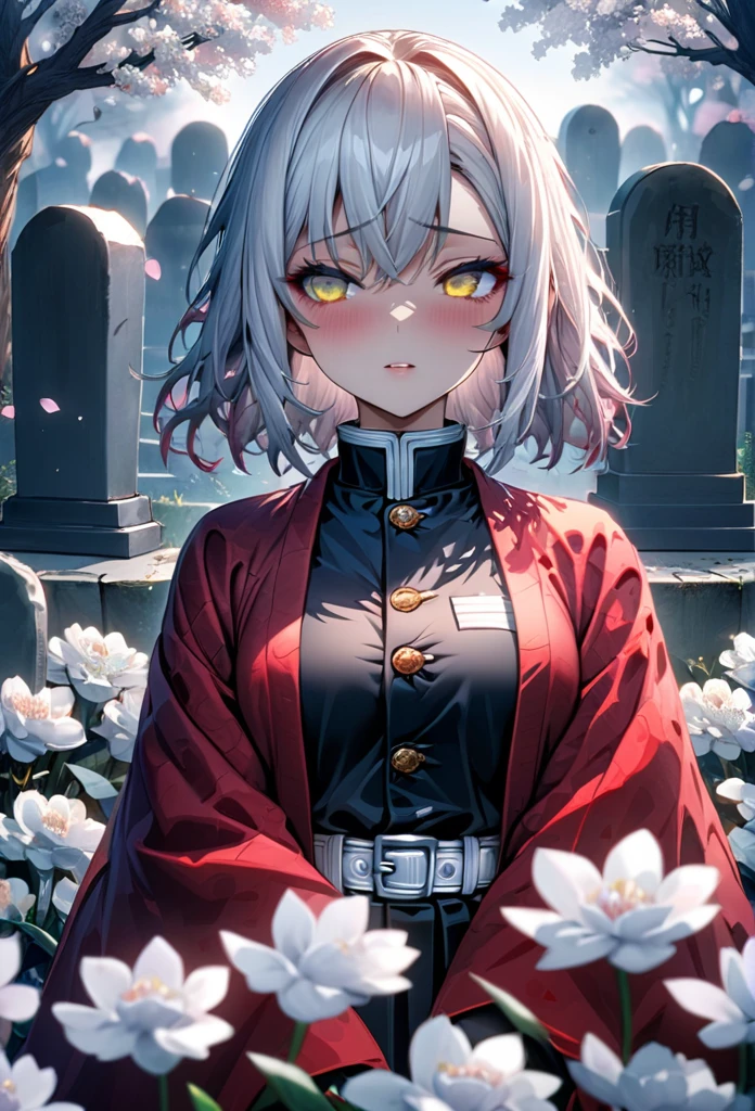 Ultra detailed, high resolution, absurd, HDR, masterpiece, anime girl, beautiful woman, long white hair with red streaks, expressive yellow eyes, red haori, black demon slayer uniform, Kimetsu No Yaiba, petals, white flowers, beautiful, woman in front of tombstones, the girl is in front of two tombstones, she is quiet, best quality, extremely detailed face and eyes