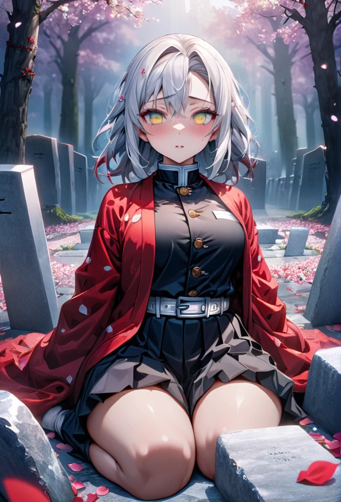 Ultra detailed, high resolution, absurd, HDR, masterpiece, anime girl, beautiful woman, long white hair with red streaks, expressive yellow eyes, red haori, black demon slayer uniform, Kimetsu No Yaiba, petals, white flowers, beautiful, woman in front of tombstones, the girl is in front of two tombstones, she is quiet, best quality, extremely detailed face and eyes