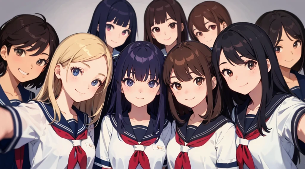 masterpiece、top-quality、detaile、hight resolution、extremely delicate and beautiful、simple background、upper body closeup、beutiful breast、hi-school girl、a sailor suit、Uniforms、student clothes、Smile、multiple female、5 women、4 females、7 Women、selfee、Photo booth