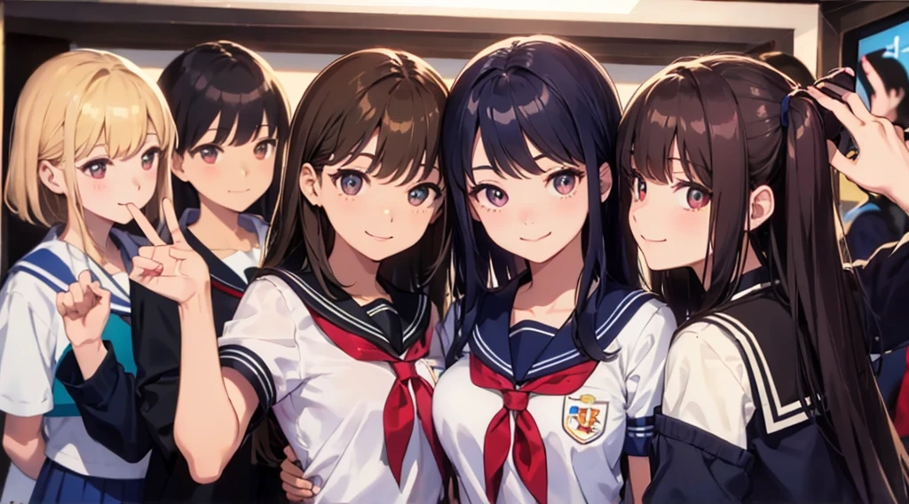 masterpiece、top-quality、detaile、hight resolution、extremely delicate and beautiful、simple background、upper body closeup、beutiful breast、hi-school girl、a sailor suit、Uniforms、student clothes、Smile、multiple female、5 women、4 females、7 Women、selfee、Photo booth