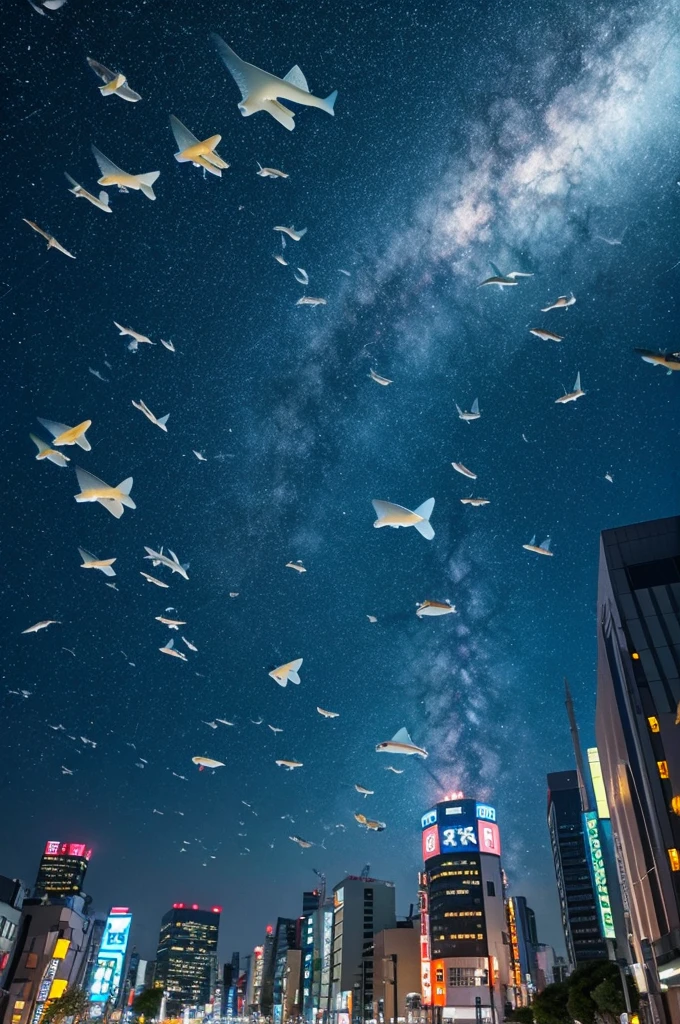 A school of flying fish in the Tokyo sky