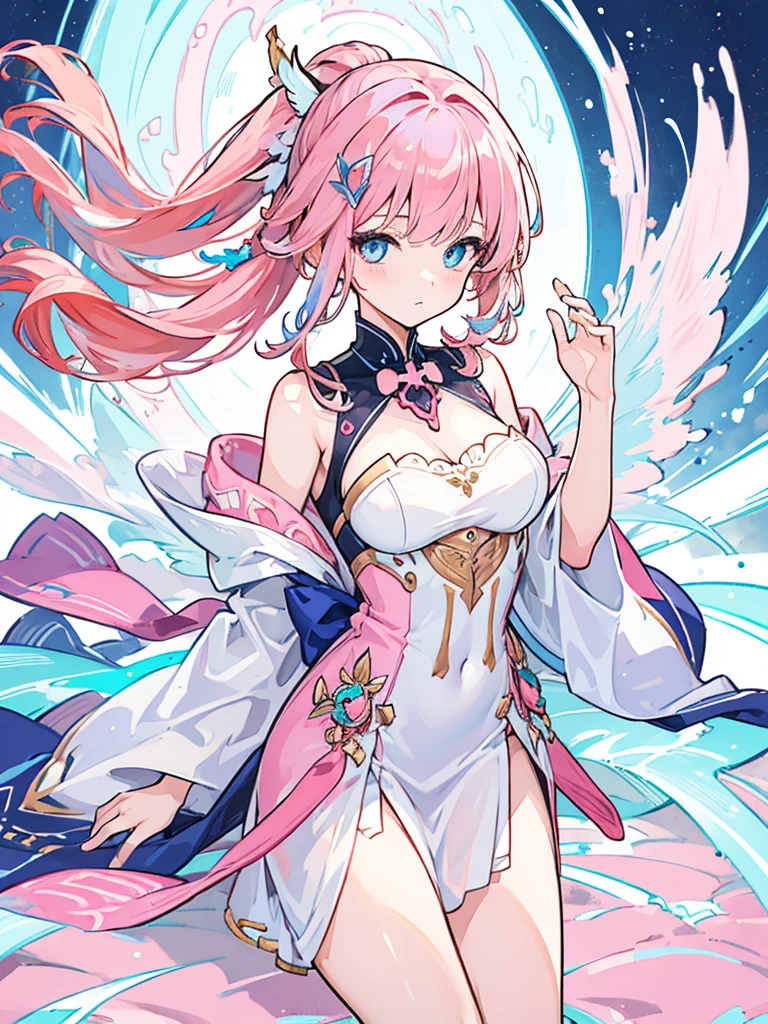 (best quality:1.3), (Artwork:1.3), (illustration:1.3), (ultra-detailed:1.3), (imid shot:0.9), 1 girl, medium breasts,blue eyes, ((pink hair ))), hair ornaments, Tall, Mature, hair