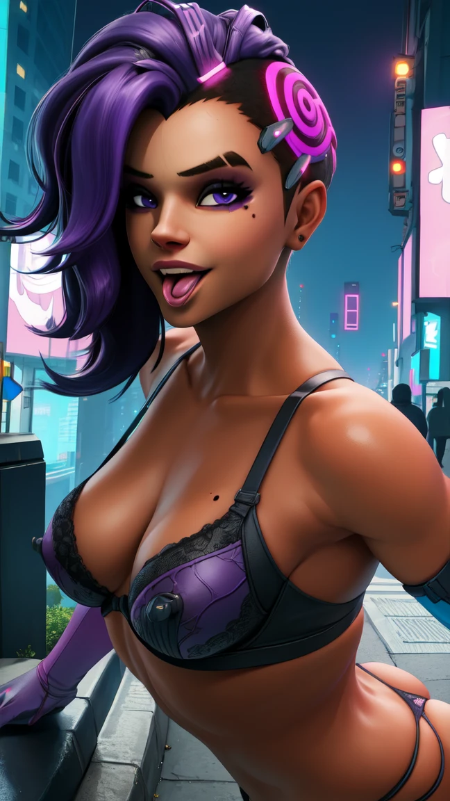 sombra, purple hair,  purple eyes,  mole under eye, open mouth, tongue out
elbow gloves, lewd thong, bra, nsfw   light smile, small breasts, 
looking at viewer, front view
day, city,  outside
(insanely detailed, beautiful detailed face, beautiful detailed eyes, masterpiece, best quality),solo, 
cyberpunk,  