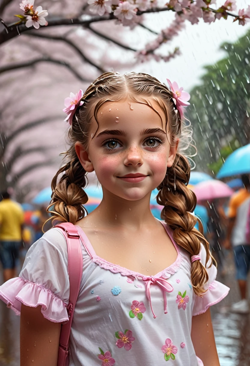 A vibrant Carnaval do Rio de Janeiro location, a drenched cute little small girl, a soaking wet cute tween soaked from rain chubby girl, perfect body, witht light brown wavy voluminous hair in a voluminous pigtails and charming brown eyes, dressing a wet white crop shirt and jeans shorts, curvy girl, pink sneakers, fun atmosphere, light rain, Passistas with beautiful decorated costumes pretty, pretty lighting, 8k, octane render, detailed, detailed background, 35mm, realistic, photorealistic, perfect face, cherry blossoms barrettes in hair, freckles, risqué poses, beautiful scenery, long shot 