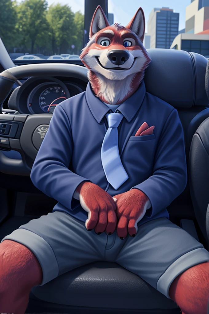 Ivan Fedorovich Wolfbach (Novosibirsk) ,tall handsome, wolf,young, 24 years, brown fur,Kind,(red body:1.3),beautiful blue eyes,Novosibirsk,dressed, Blue jacket, shirt, Yellow tie, blue pants, wolf, detailed fur, male,paw pads, finger claws,At the viewer, 5 fingers, paws, 5 fingers, smile, wrist watch, т nextel,by xenoforge, (difficult, high detail, digital photography, soft focus, RAW variety близко к камере, variety,Novosibirsk, smile, good mood, positive, Very close to the camera,holds, steering wheel photorealism, realistic, digital style, Subsurface scattering,I look at the viewer,holds руль, sits behind the wheel,car interior, leather seat speedometer,a friend is sitting next to the front seat, rides, Around the city, 
masterpiece, Best quality, ultra realistic, 8 thousand.)