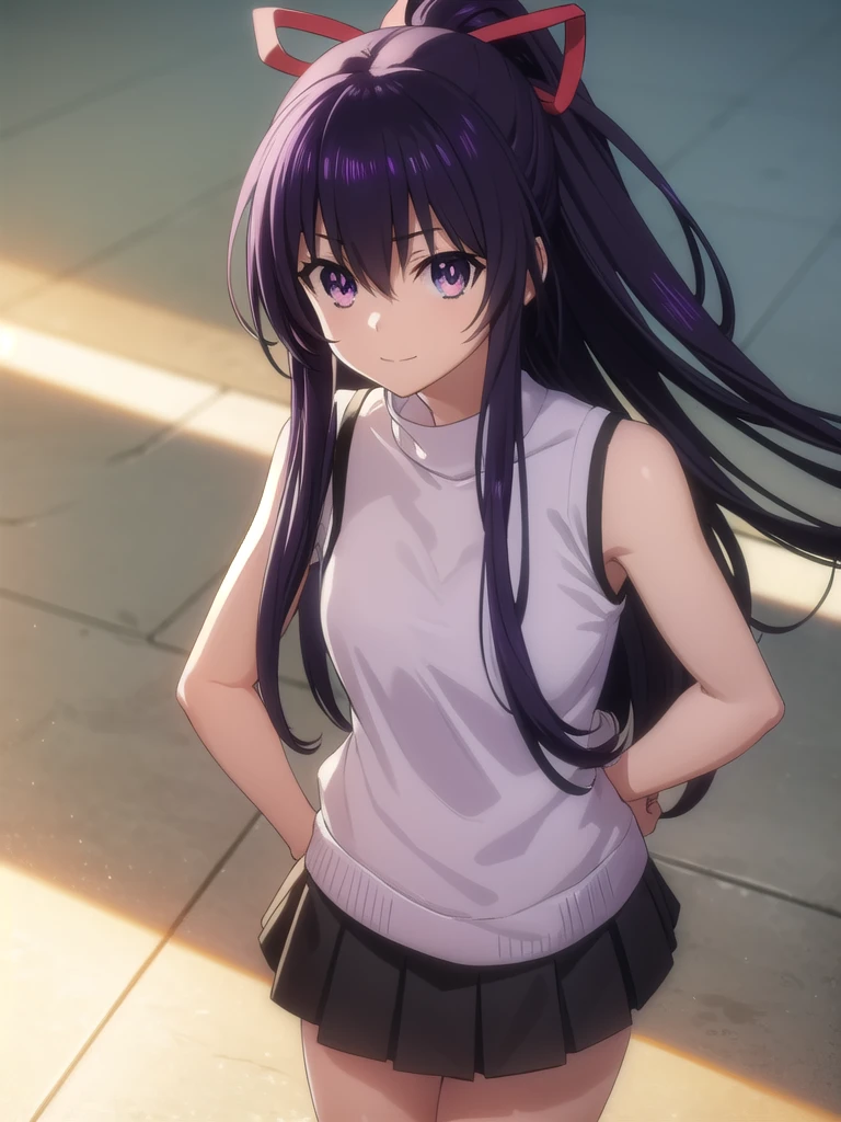 tohkayatogami, tohka yatogami casual, long hair, purple hair, alluringly smile , turtleneck sleeveless top ,black top , short skirt, white skirt ,thighs garter belt , thighs high, (purple eyes:1.1), hair ribbon, ponytail, purple hair, white ribbon, E cup breasts, bewitched thighs, slender waist, plump butt , sneakers
BREAK ,
BREAK daylight ,alone,
BREAK looking at viewer, standing, tilt head, look cute
BREAK (masterpiece:1.2), best quality, high resolution, unity 8k wallpaper, (illustration:0.8), (beautiful detailed eyes:1.6), extremely detailed face, perfect lighting, extremely detailed CG, (perfect hands, perfect anatomy),