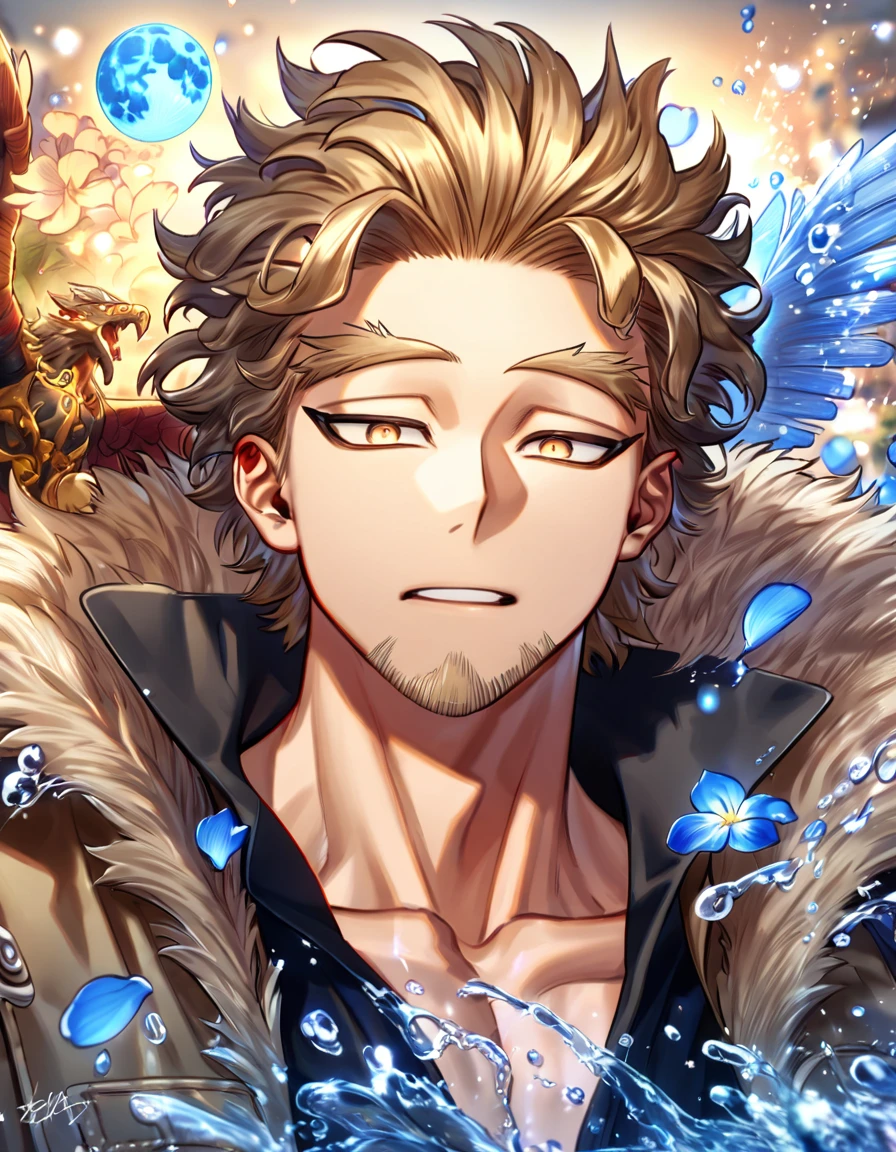 absurdres, highres, ultra detailed, HDR, master piece, Hawks, brown-blond hair, expressive brown-golden eyes, brown coat with fur, black shirt, Boku No Hero Academia, sexy man, handsome, best quality, blue moon, flowers, fantasy, magical, solo, water, blue shining fireflies, blue petals, red piercing, faint beard