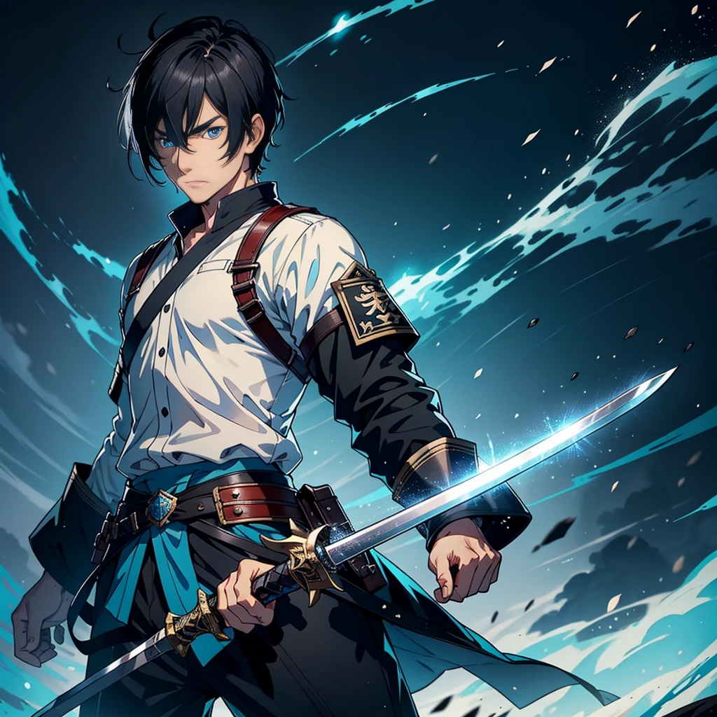 A man in his 30 s, on the battlefield, blue eyes, short black hair, qiyuxuanang, 8k, high quality, high resolution, Sword