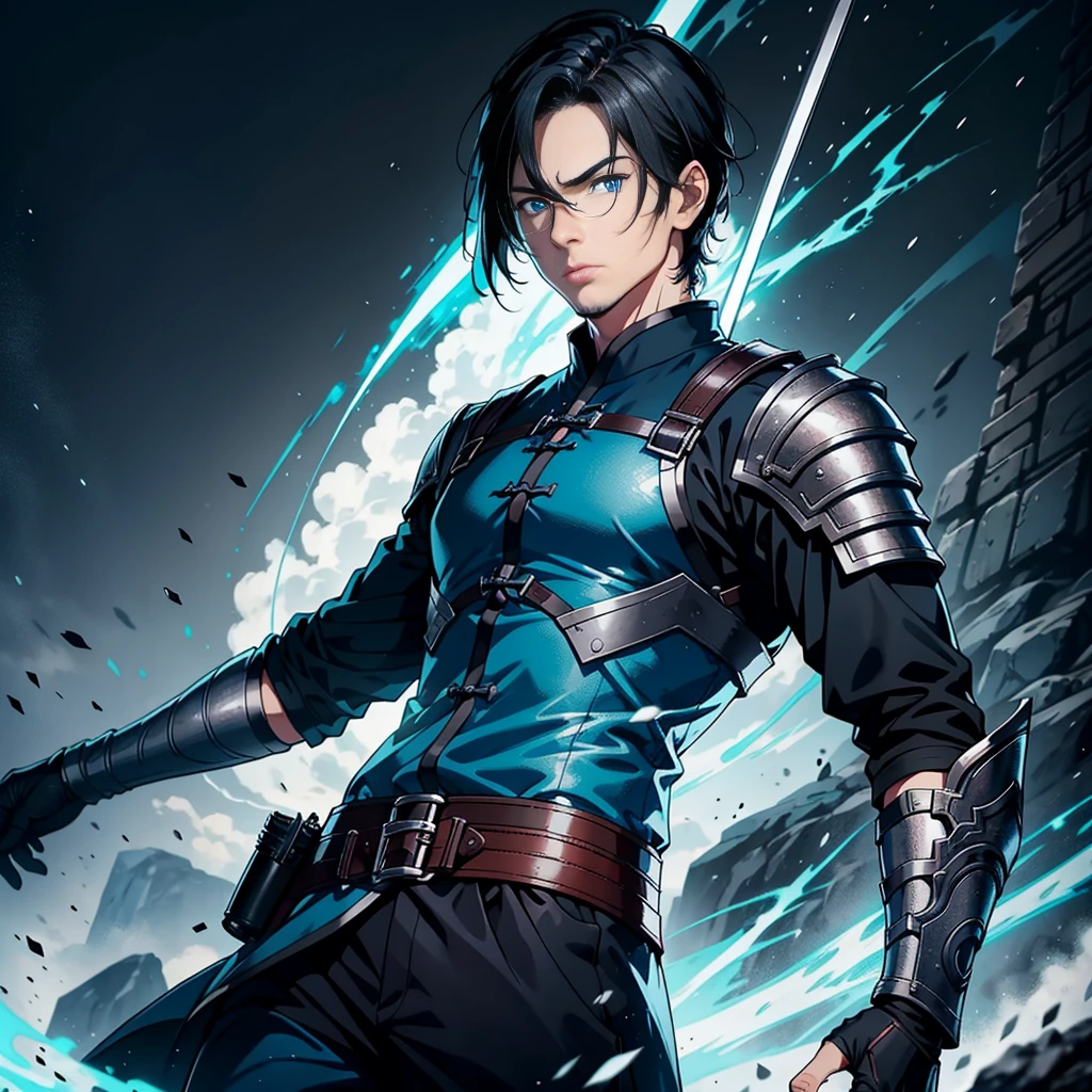 A man in his 30 s, on the battlefield, blue eyes, short black hair, qiyuxuanang, 8k, high quality, high resolution, Sword
