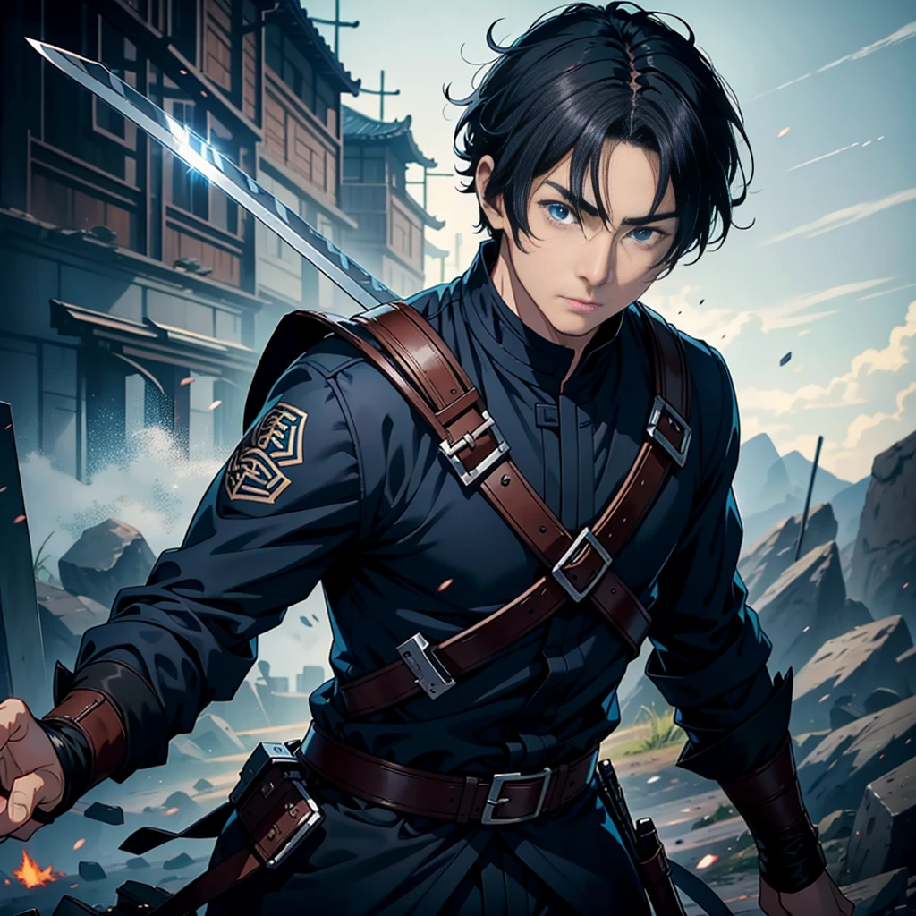 A man in his 30 s, on the battlefield, blue eyes, short black hair, qiyuxuanang, 8k, high quality, high resolution, Sword