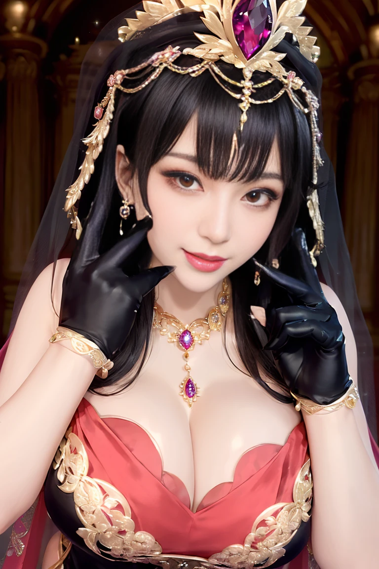 (milf)、Beautiful woman、(20 years old)、majestic queen、in the palace、(big bust, giga chest)、Wearing a mysterious and richly decorated veil、(sexy swimsuit:0.7)、wear silk gloves、total length, A voluminous piece decorated with mysterious embroidery and jewels..、Wearing mysterious and colorful jewelry、She wears a gorgeous headdress sparkling with mysterious jewels...、blush、With a bewitching smile、showing cleavage, looking at viewer、perfect hands