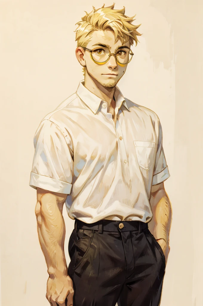 boy, blond, thin, round glasses with yellow lenses, White shirt, black trousers