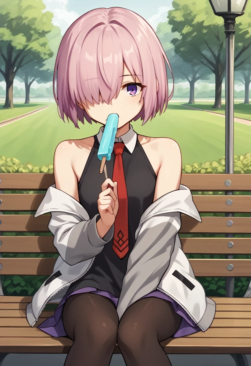 1 woman, Short hair, pink hair, purple eyes, hair above one eye, black shirt, white collar, red tie, Two-tone jacket, white jacket, gray sleeves, long sleeves, skirt, pantyhose, outdoors, seat, park, off shoulder, bare shoulders, popsicle score_9, score_8_consolation, score_7_consolation, score_6_consolation, score_5_consolation, score_4_consolation, BREAK Source_japanese cartoon movies, masterpiece