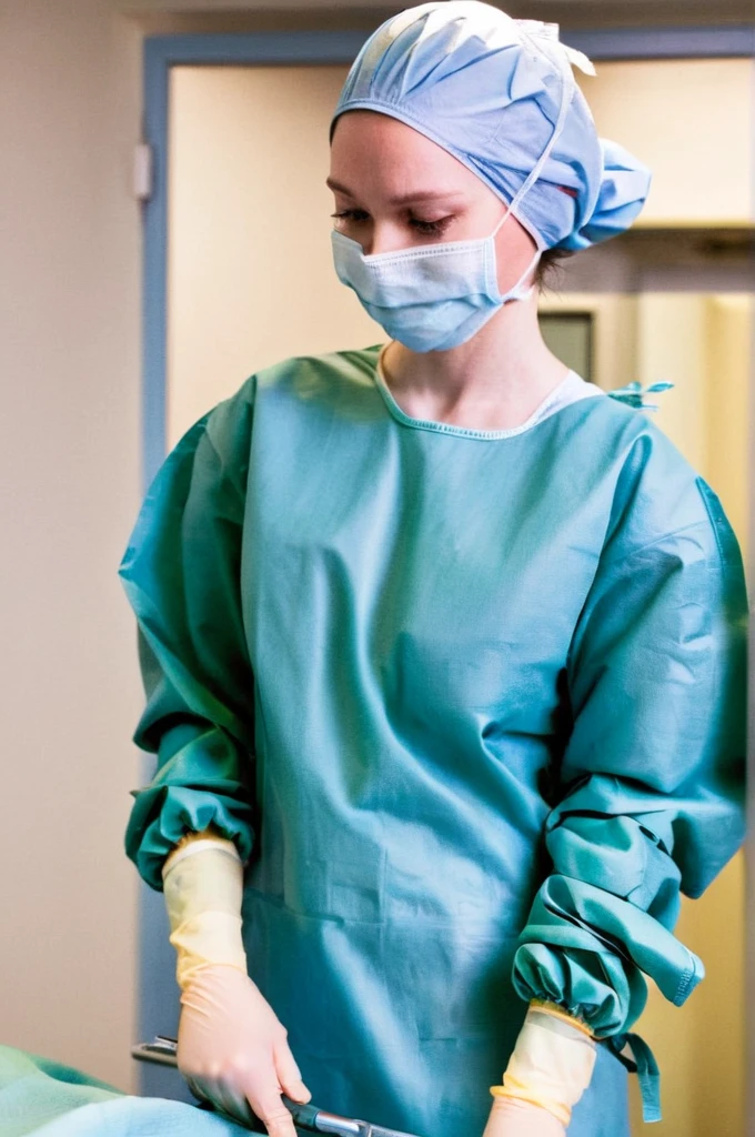 score_9, score_8_up, score_7_up, pale skin, his face showed signs of embarrassment, scrubs, surgical mask, surgical cap, long sleeve surgical gown, cover your ears,
1girl, big breasts, solo, rubber gloves, looking down, furrowed brow, hospital bed, standing