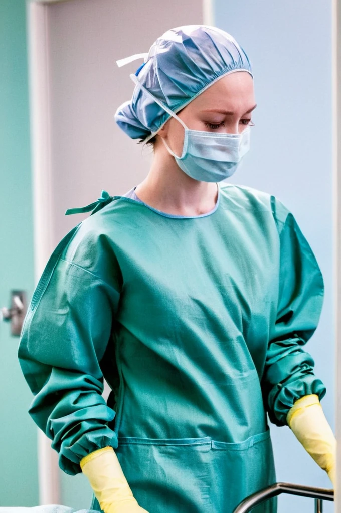 score_9, score_8_up, score_7_up, pale skin, his face showed signs of embarrassment, scrubs, surgical mask, surgical cap, long sleeve surgical gown, cover your ears,
1girl, big breasts, solo, rubber gloves, looking down, furrowed brow, hospital bed, standing