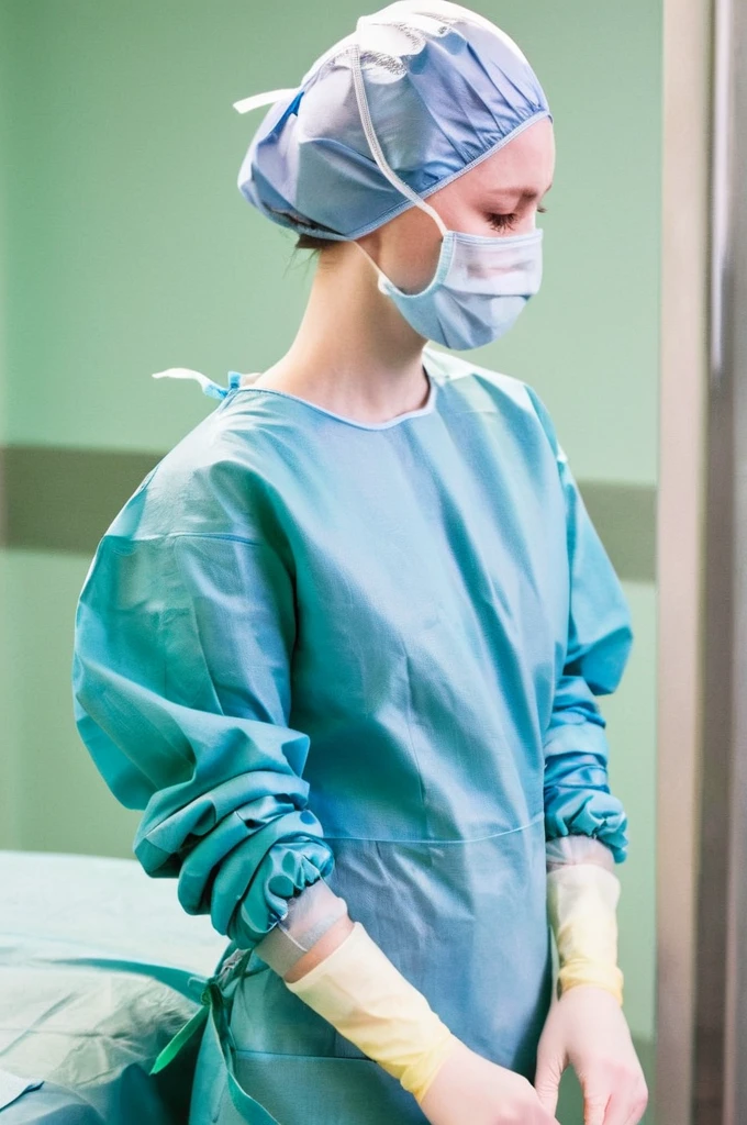 score_9, score_8_up, score_7_up, pale skin, his face showed signs of embarrassment, scrubs, surgical mask, surgical cap, long sleeve surgical gown, cover your ears,
1girl, big breasts, solo, rubber gloves, looking down, furrowed brow, hospital bed, standing