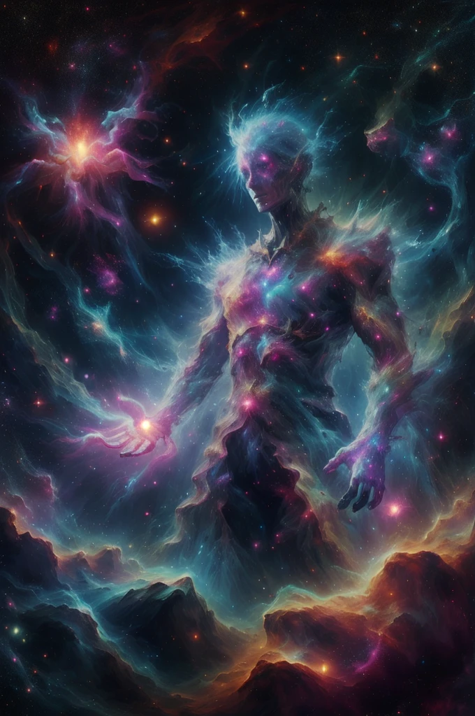 martius_nebula beautiful bright proton sorceress cosmic hand, Making his hands in space, A nebula as a book, Nebula Hand Martius_nebula beautiful bright proton magician martius_A cyborg warrior imbued with nebula lightning, black cloak, a giant book.