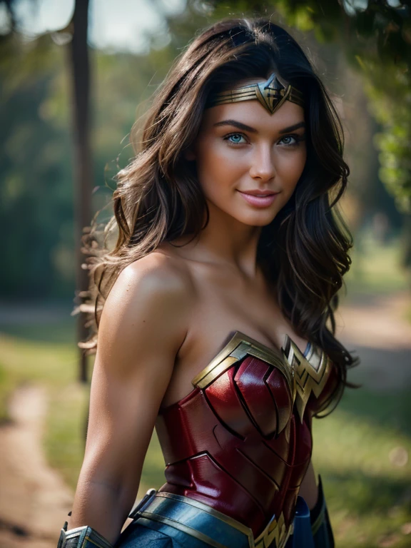 a beautiful woman, fair skin, supermodel ((Dressed as Wonder Woman)) Realistic (blue eyes), (She is smiling: 1.1), perfect face, split lips, (Best quality, 8k, Masterpiece: 1.3), hands perfect, clear focus: 1.2, perfect body beauty: 1.4, thin abdomen: 1.2, highly detailed face and skin texture, detailed eyes, (natural straight black hair,) standing, heroic pose, highly detailed, 28 years old, Innocent face , high resolution, Artwork, best quality, high and intricate details, highly detailed, sharp focus, detailed skin, realistic skin texture, texture, detailed eyes, Professional, 4K, charming smile, shot in canon, 85mm, depth shallow field, kodak vision color, perfect body fit, extremely detailed, photography_\(ultra\), photorealistic, realistic, Post-processing, maximum detail, roughness, Real life, ultra realistic, photorealism, photography, 8k hd, photograph, she is on an island
