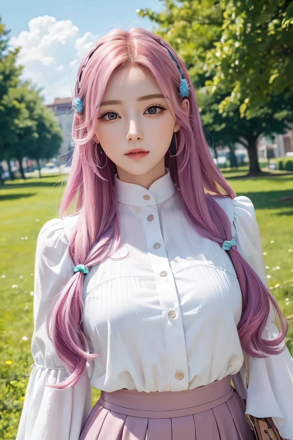 masterpiece, Highest quality, Spring outfit, Colorful Hair,  Outdoor,cloud ,Upper Body,