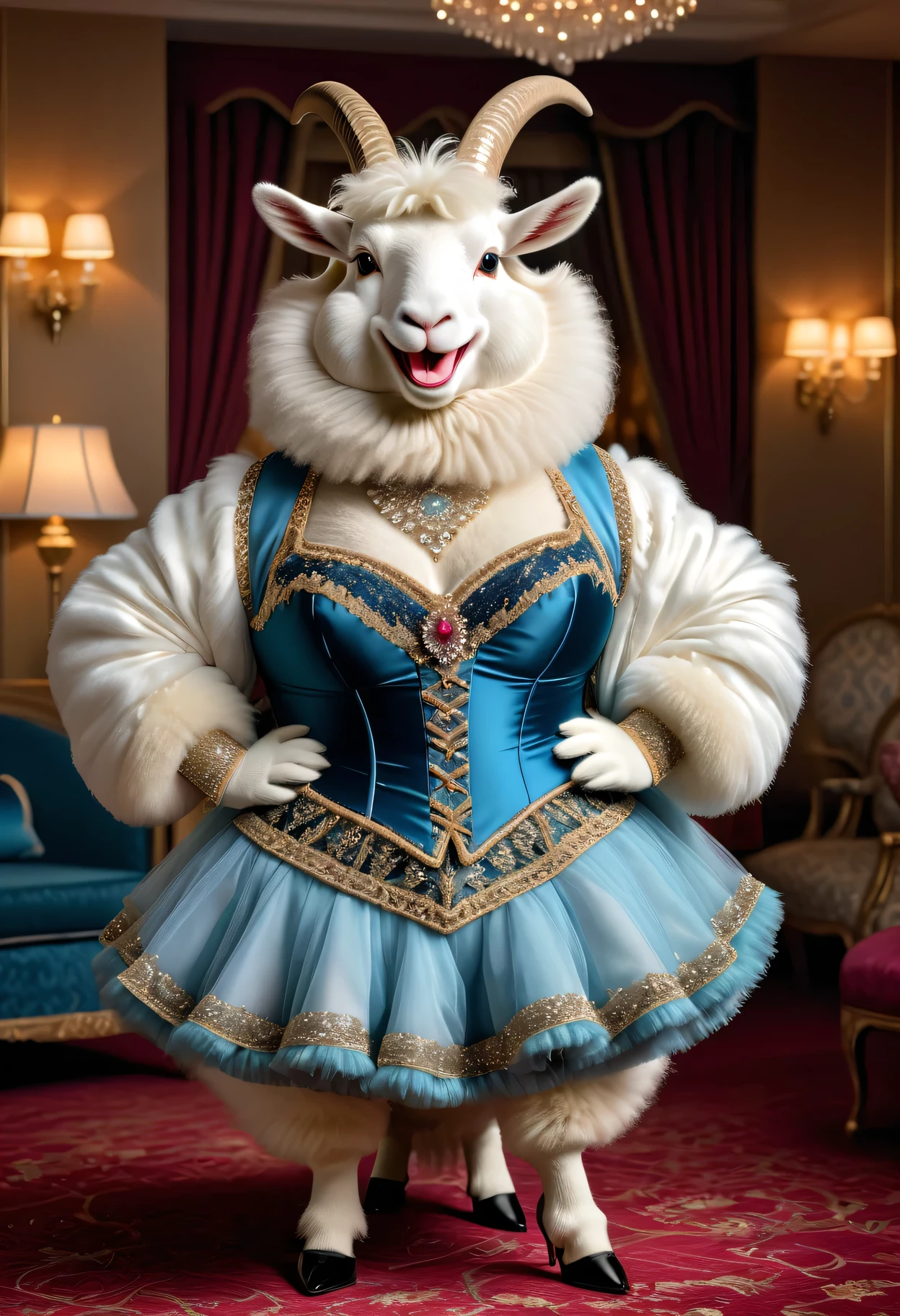 photorealistic portrait of Dressed animals - a (fat) ((angora goat)) dancer,(furry), (elegant pose:1.5), (hands on hips:1.5),(smile:1.5),high quality,(happy),(lovely) ,intricate details, Wearing bustier, (), highly detailed ((bustier)) ,highly detailed decorations of clothes, Fishnet panty horse , (happy), soft lighting,(full body image:1.5),luxury hotel room background,(high heels),