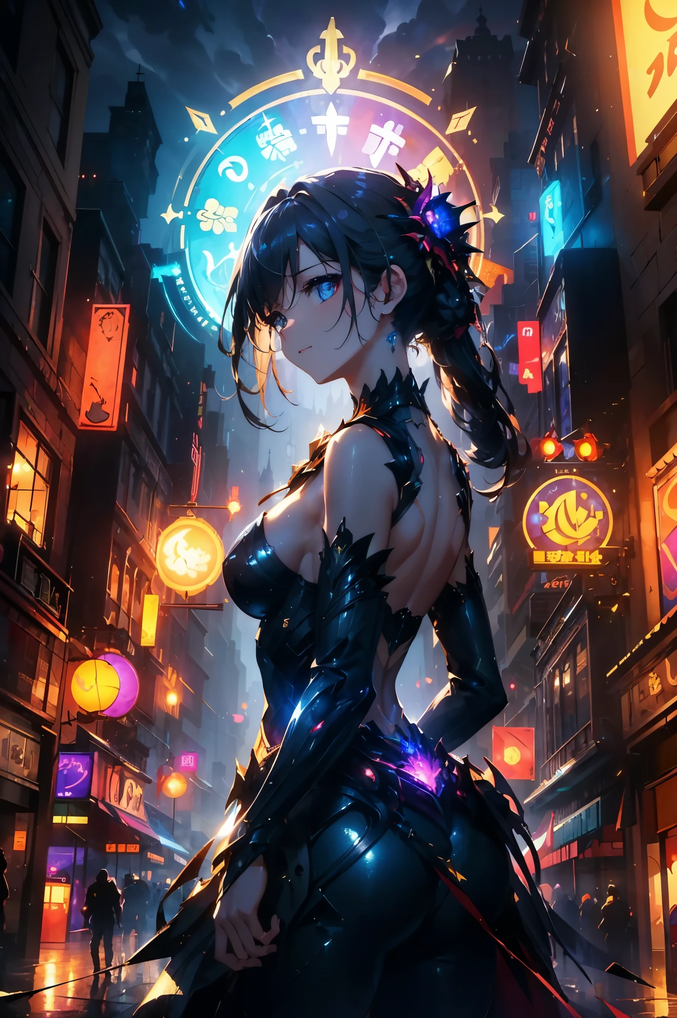 (masterpiece, best quality), 1. Ms., Solitary, masterpiece, Art Station, Dynamic, charming, magic, Unreal Engine, Very beautiful, illustration, Dramatic Lighting, Carnival Background, Neon, Extremists