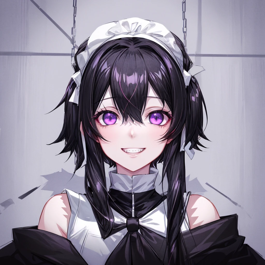 best quality, masterpiece, very aesthetic, half-length portrait, close shot, front view, facing_viewer, Front Facing,1 girl, black hair, long hair, monochromatic, pale face, crazy eyes, insane, sleeveless turtleneck, wearing coat with low hanging shoulders, purple eyes, looking_at_viewer, yandere face, gesugao, grin, black linings, stark white background, plain background, simple_background ,edgGesugao, yandere, perfect face, pretty