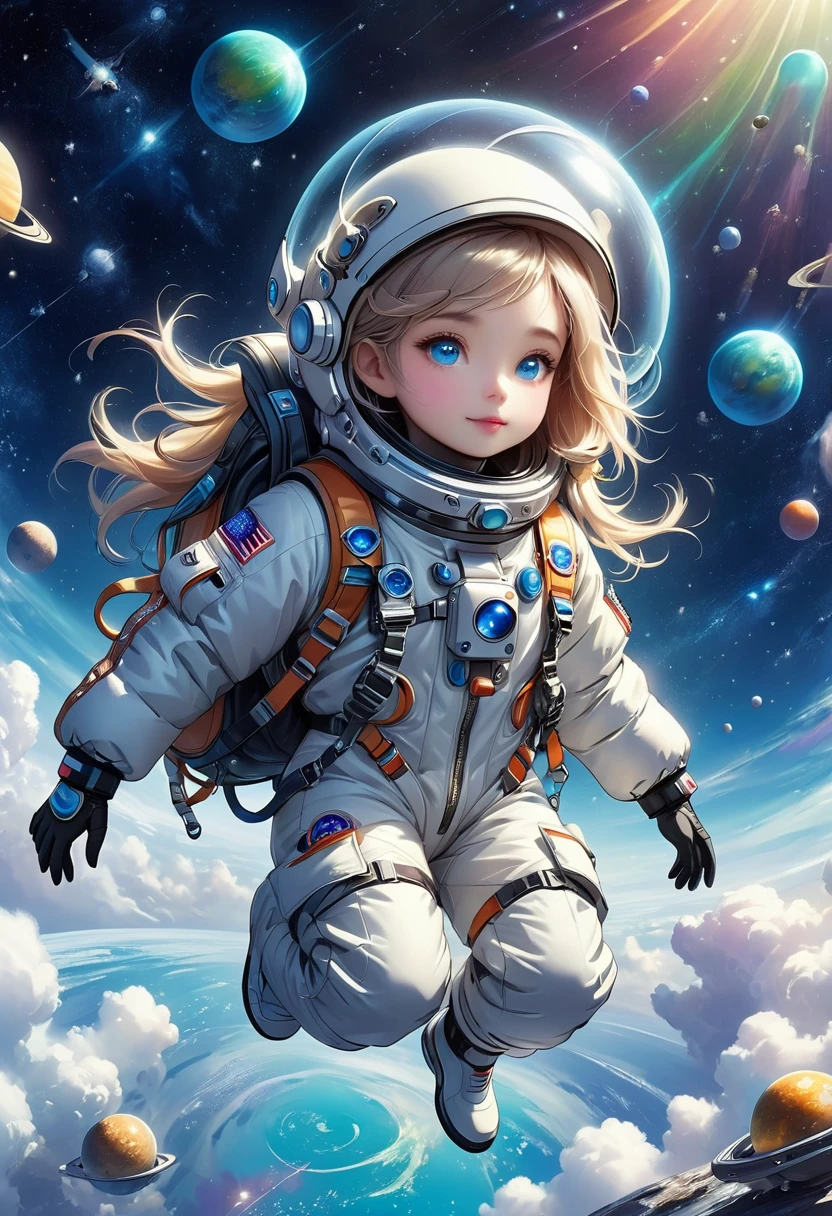Astronauts arrived in outer space。Professional down jacket。Cute alien creatures。(float。Suspension。weightlessness。)Beautiful dreamy background。