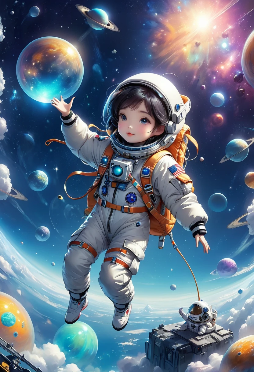 Astronauts arrived in outer space。Professional down jacket。Cute alien creatures。（float。Suspension。weightlessness。）Beautiful dreamy background。