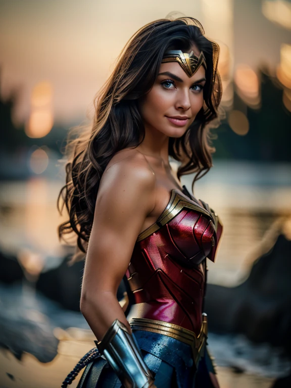 a beautiful woman, fair skin, supermodel ((Dressed as Wonder Woman)) Realistic (blue eyes), (She is smiling: 1.1), perfect face, split lips, (Best quality, 8k, Masterpiece: 1.3), hands perfect, clear focus: 1.2, perfect body beauty: 1.4, thin abdomen: 1.2, highly detailed face and skin texture, detailed eyes, (natural straight black hair,) standing, heroic pose, highly detailed, 28 years old, Innocent face , high resolution, Artwork, best quality, high and intricate details, highly detailed, sharp focus, detailed skin, realistic skin texture, texture, detailed eyes, Professional, 4K, charming smile, shot in canon, 85mm, depth shallow field, kodak vision color, perfect body fit, extremely detailed, photography_\(ultra\), photorealistic, realistic, Post-processing, maximum detail, roughness, Real life, ultra realistic, photorealism, photography, 8k hd, photograph, she is on an island