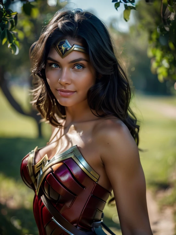 a beautiful woman, fair skin, supermodel ((Dressed as Wonder Woman)) Realistic (blue eyes), (She is smiling: 1.1), perfect face, split lips, (Best quality, 8k, Masterpiece: 1.3), hands perfect, clear focus: 1.2, perfect body beauty: 1.4, thin abdomen: 1.2, highly detailed face and skin texture, detailed eyes, (natural straight black hair,) standing, heroic pose, highly detailed, 28 years old, Innocent face , high resolution, Artwork, best quality, high and intricate details, highly detailed, sharp focus, detailed skin, realistic skin texture, texture, detailed eyes, Professional, 4K, charming smile, shot in canon, 85mm, depth shallow field, kodak vision color, perfect body fit, extremely detailed, photography_\(ultra\), photorealistic, realistic, Post-processing, maximum detail, roughness, Real life, ultra realistic, photorealism, photography, 8k hd, photograph, she is on an island