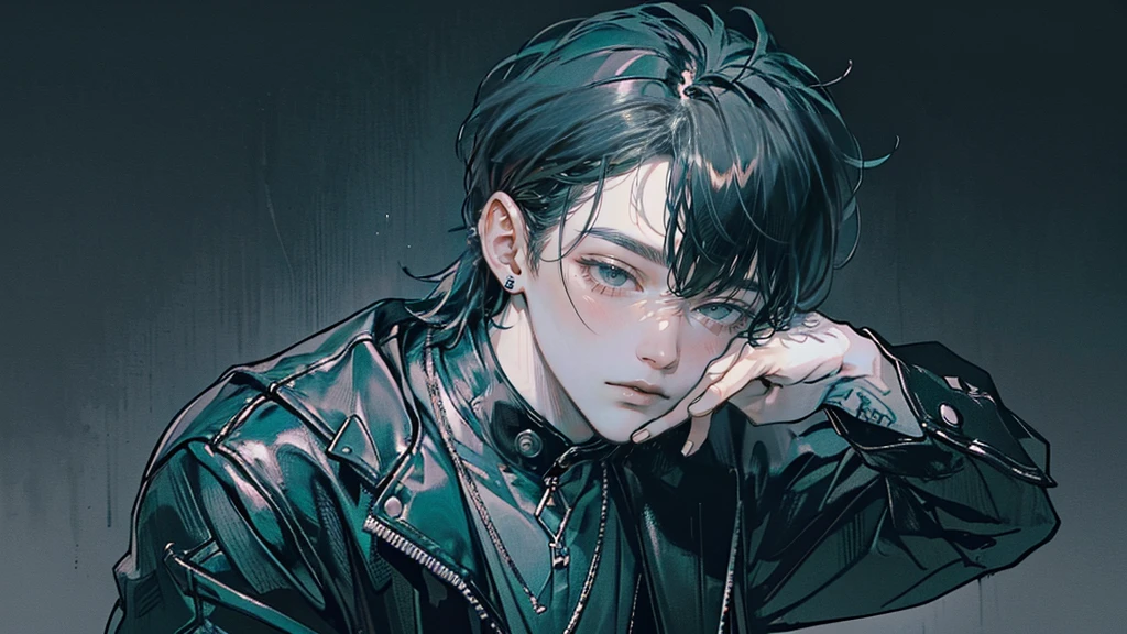 (4K works))、​masterpiece、(top-quality)、((Black cityscape background))、Indonesian Male、Adult male、((Adult 30 years old))、((Adult uncle type))、((Leather Jeans Style))、Cool Men、tall、((Wild features))、((Wild look))、((angry expressions))、((Long sleeve long trouser style))、((Diamond face))、((Thin Almond eyes))、Slim body、(((short gradiend green blue sea haired)))、((Shot alone))、((Solo Photography))、Professional Photos、((He is in front of the viewer))、((Monochrome photography))、((Upper body photography))、((Wear a lot of piercings))、((Piercing on the lips))、((Tongue piercing))、((Icon Photo))、((Sick Boyine Boys))、((sassy pose))