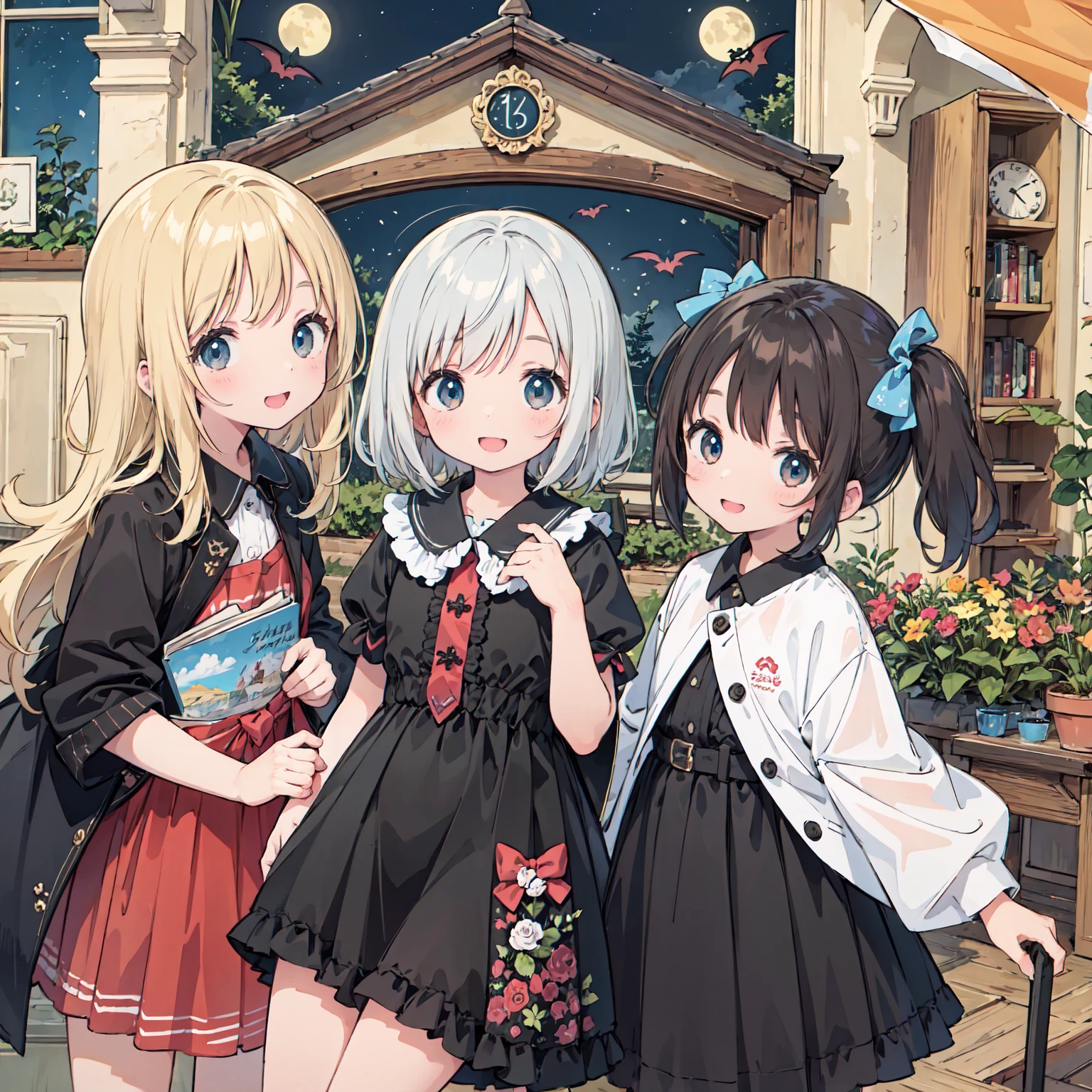finely detailed illustration, vibrant color, best quality, masterpiece, 8-year-old、pretty girl、vampire、Happy smile、Beautiful background, Four Girls,