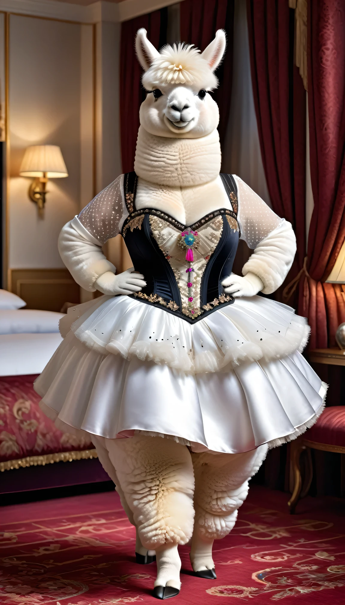 photorealistic portrait of Dressed animals-a (fat) ((white alpaca)) dancer,(furry), (elegant pose:1.5), (hands on hips:1.5),(smile:1.5),high quality,(happy),(lovely) ,intricate details, Wearing bustier, (), highly detailed ((bustier)) ,highly detailed decorations of clothes, Fishnet panty horse , (happy), soft lighting,(full body image:2.0),luxury hotel room background,(high heels),