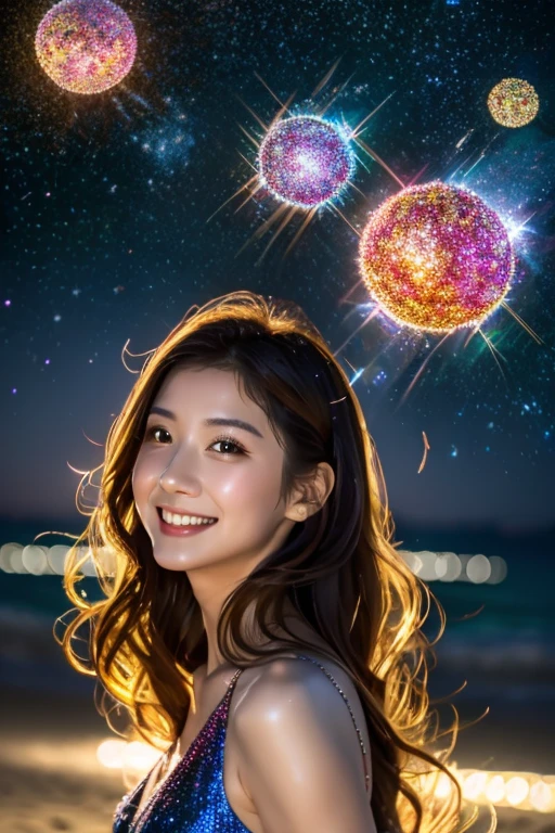 top quality、8K、32k、​Masterpiece,)beautiful woman、natural look、look away 、hair wet、Sheer long dress、Soft atmosphere、moment、No makeup、Shot from the side、the sea sparkles、night,sunset sky、Long distance shooting、Stroll along the sandy beach、a smile, she has beautiful small eyes and long natural eyelashes, she has small but little full rose lips, high quality, 8K Ultra HD, masterpiece, beautiful woman, create a whimsical moment where zoltar magical geode ball creates a big bang super nova powerful and luminous explosion of a star, quantum fluctuations, cosmic rays, gravitational waves, milky way in the style of tarot and microsoft 3D pinball space cadet, double long exposure movie still, full body.