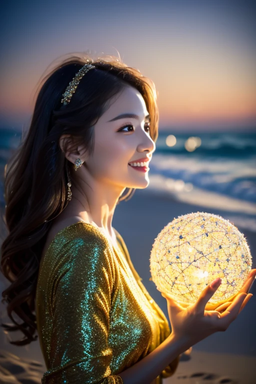 top quality、8K、32k、​Masterpiece,)beautiful woman、natural look、look away 、hair wet、Sheer long dress、Soft atmosphere、moment、No makeup、Shot from the side、the sea sparkles、night,sunset sky、Long distance shooting、Stroll along the sandy beach、a smile, she has beautiful small eyes and long natural eyelashes, she has small but little full rose lips, high quality, 8K Ultra HD, masterpiece, beautiful woman, create a whimsical moment where zoltar magical geode ball creates a big bang super nova powerful and luminous explosion of a star, quantum fluctuations, cosmic rays, gravitational waves, milky way in the style of tarot and microsoft 3D pinball space cadet, double long exposure movie still, full body.
