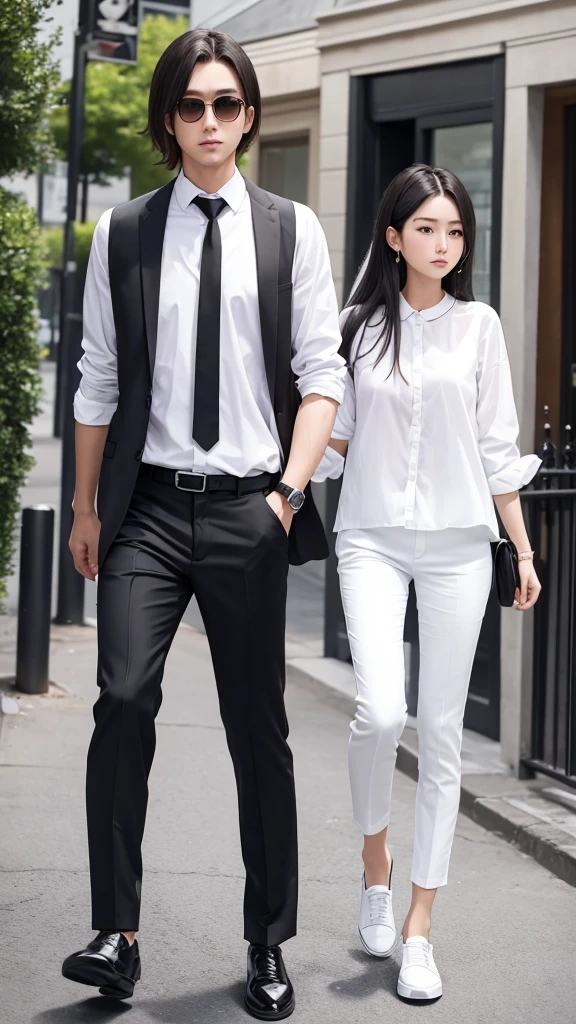 White shirt black pants white shoes and long hair man and woman
