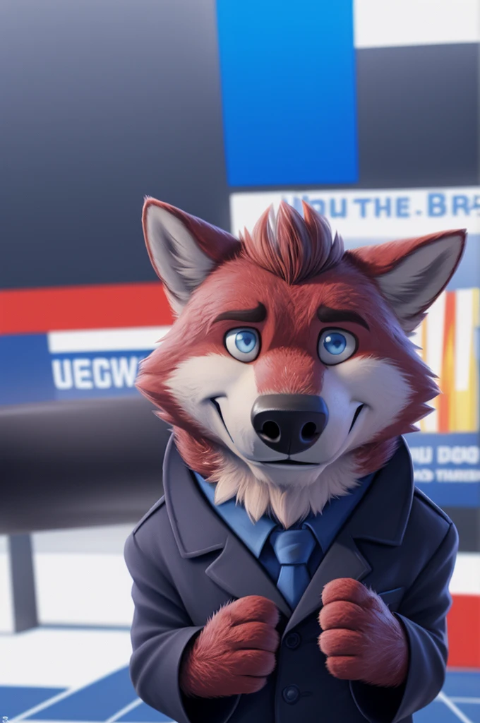 Ivan Fedorovich Wolfbach (Novosibirsk) ,tall handsome, wolf,young, 24 years, brown fur,Kind,(red body:1.3),beautiful blue eyes,Novosibirsk,dressed, Blue jacket, shirt, Yellow tie, blue pants, wolf, detailed fur, male,paw pads, finger claws,At the viewer, 5 fingers, paws, 5 fingers, smile, wrist watch, т nextel,by xenoforge, (difficult, high detail, digital photography, soft focus, RAW variety близко к камере, variety,Novosibirsk, smile, good mood, positive, Very close to the camera,presenter Moscow,
Photorealism, realistic, digital style, Subsurface scattering,looks at the squares, News studio,
masterpiece, Best quality, ultra realistic, 8 thousand.)