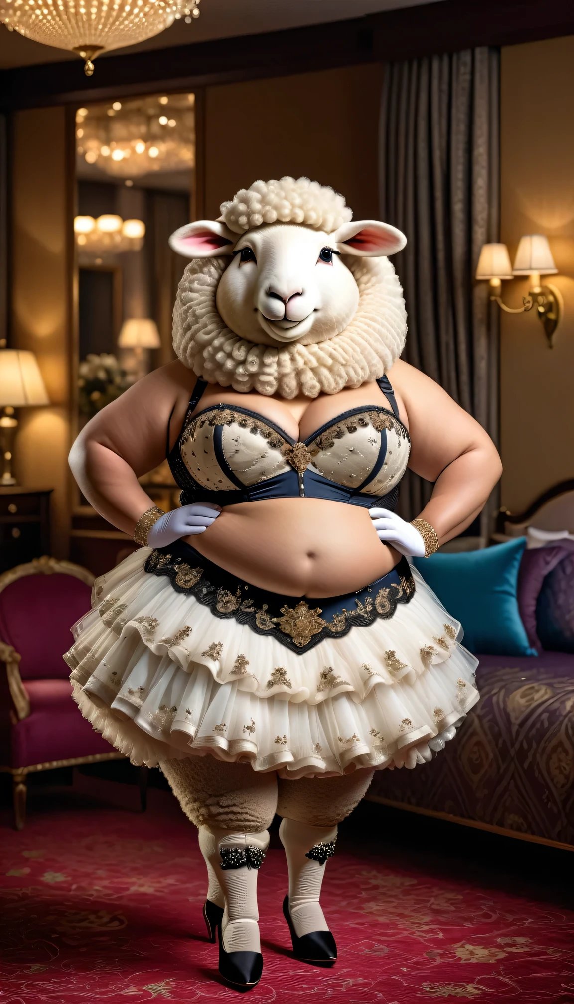 photorealistic portrait of Dressed animals-a (fat) (( sheep)) dancer,(furry), (elegant pose:1.5), (hands on hips:1.5),(smile:1.5),high quality,(happy),(lovely) ,intricate details, Wearing bustier, (), highly detailed ((bustier)) ,highly detailed decorations of clothes, Fishnet panty horse , (happy), soft lighting,(full body image:2.0),luxury hotel room background,(high heels),