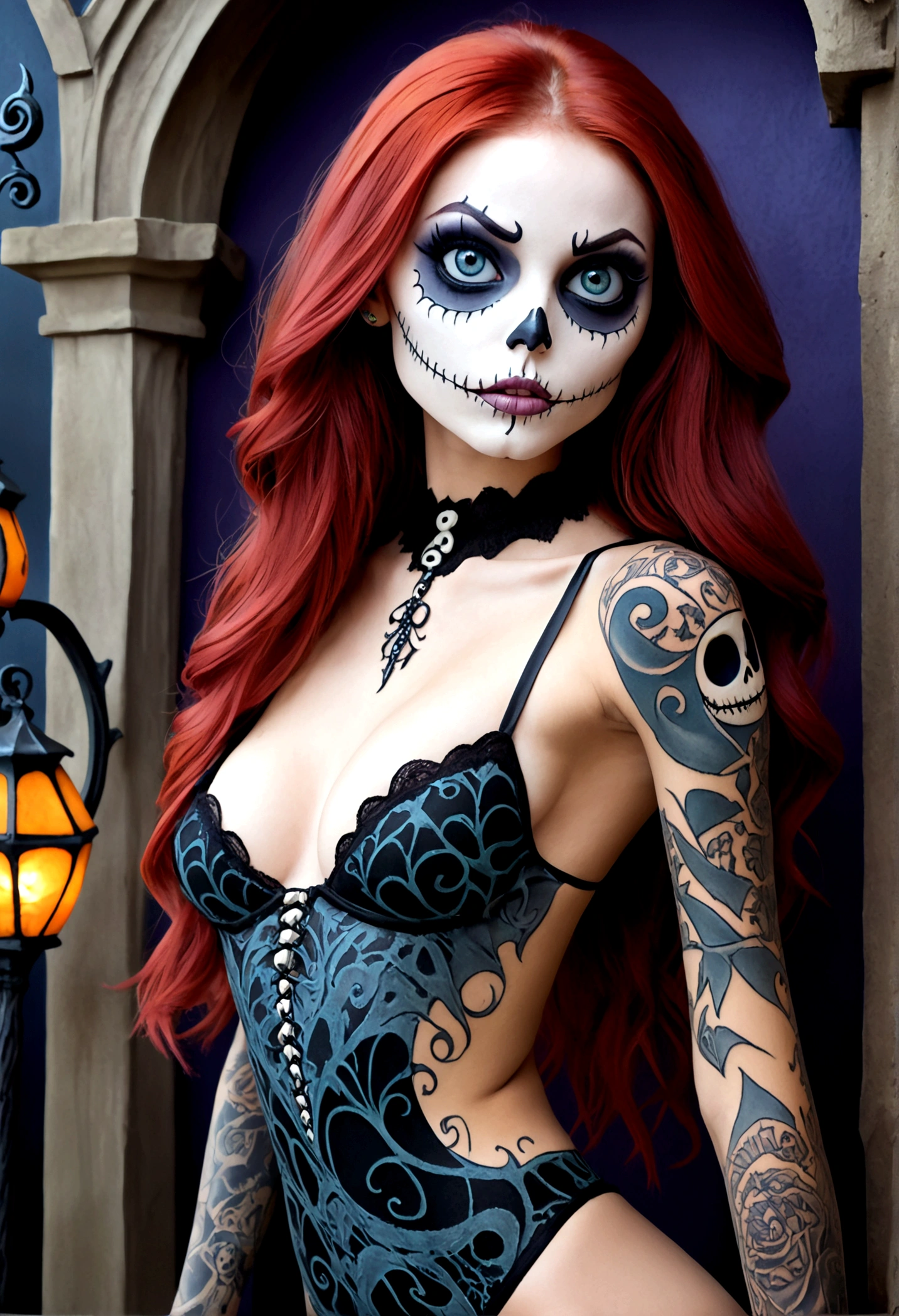 Create a hyper detailed photograph of a nightmare before Christmas tattoos young sexy stunning gorgeous sally Skellington, Stunningly perfect gorgeous face, perfect makeup, detailed vibrant eyes, long hair,detailed perfect beautiful legs, detailed perfect beautiful arms, realistic torso, detailed silky smooth skin texture, detailed silky smooth perky breast, perfect round ass, transparent strappy lace lingerie, back to viewer, looking forward,