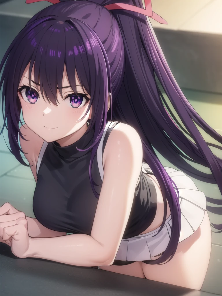 tohkayatogami, tohka yatogami casual, long hair, purple hair, alluringly smile , turtleneck sleeveless top ,black top , alluring armpits, short skirt, black skirt , thighs garter belt , thighs high, (purple eyes:1.1), hair ribbon, ponytail, purple hair, white ribbon, E cup , bewitched thighs, slender waist, plump  ,  sneakers 
BREAK ,
BREAK daylight ,alone, 
BREAK looking at viewer, standing, hand lift upward, look cute
BREAK (masterpiece:1.2), best quality, high resolution, unity 8k wallpaper, (illustration:0.8), (beautiful detailed eyes:1.6), extremely detailed face, perfect lighting, extremely detailed CG, (perfect hands, perfect ),