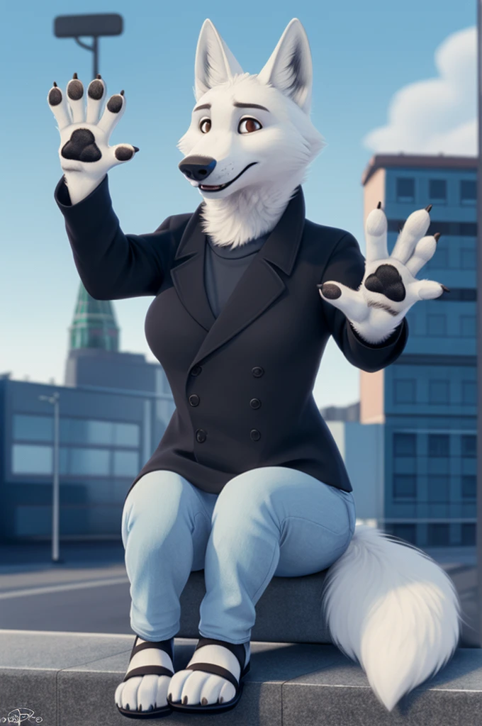 Barbara\(Moscow\), (white body:1.3), white fur, Brown eyes, Moscow, dressed, black jacket,jeans,blue open heel sandals, canine, wolf, Detailed fur, Female, breast, antro, paw pads, finger claws, waving, waving at viewer, 5 fingers, paws, 4 toes,ring, it's sitting,
BREAK from nextel, for dating, by xenoforge, (difficult, high detail, film photography, soft focus, RAW сидит,
Photorealism, realistic, photorealistic, digital style, Subsurface scattering,
masterpiece, Best quality, ultra realistic, 8 k)