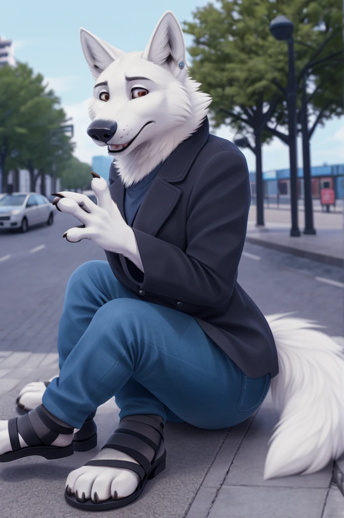 Barbara\(Moscow\), (white body:1.3), white fur, Brown eyes, Moscow, dressed, black jacket,jeans,blue open heel sandals, canine, wolf, Detailed fur, Female, breast, antro, paw pads, finger claws, waving, waving at viewer, 5 fingers, paws, 4 toes,ring, it's sitting,
BREAK from nextel, for dating, by xenoforge, (difficult, high detail, film photography, soft focus, RAW сидит,
Photorealism, realistic, photorealistic, digital style, Subsurface scattering,
masterpiece, Best quality, ultra realistic, 8 k)