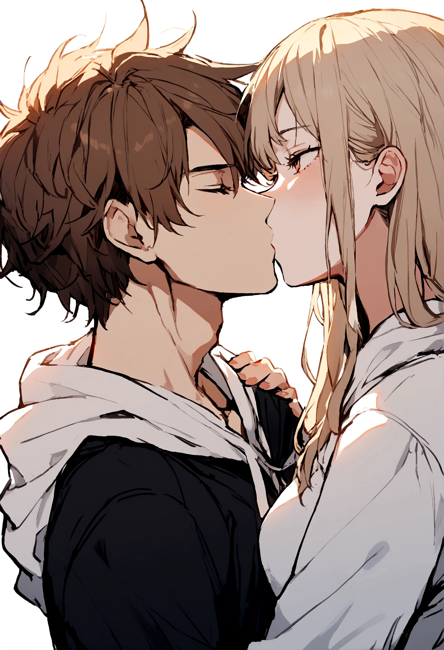 1girl kissing a boy, light long brown hair, white hoodie, black pants